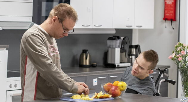 Henkilö pilkkoo hedelmiä ja toinen katsoo